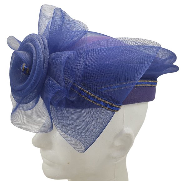 Vintage 80s Church Hat Oversize Bow Wool Felt Formal Tulle Blue Gold Sequins USA - Picture 1 of 14